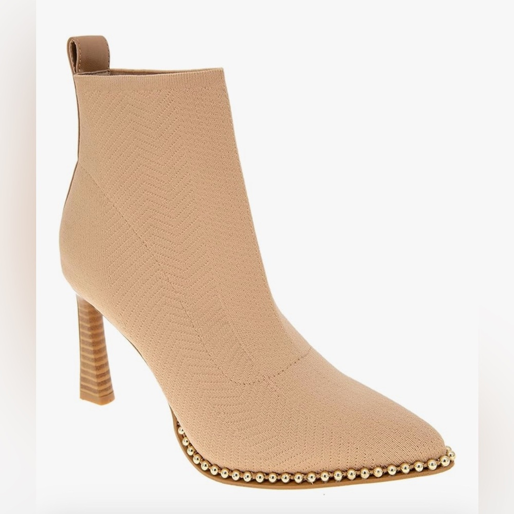 NIB BCBG Sock BEADED boot BEYA gold jewel trim TAN camel knit stretch ankle heel